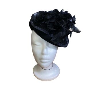 VINTAGE BLACK HAT FASCINATOR FEATHERS MADE IN USA 100% WOOL COSPLAY